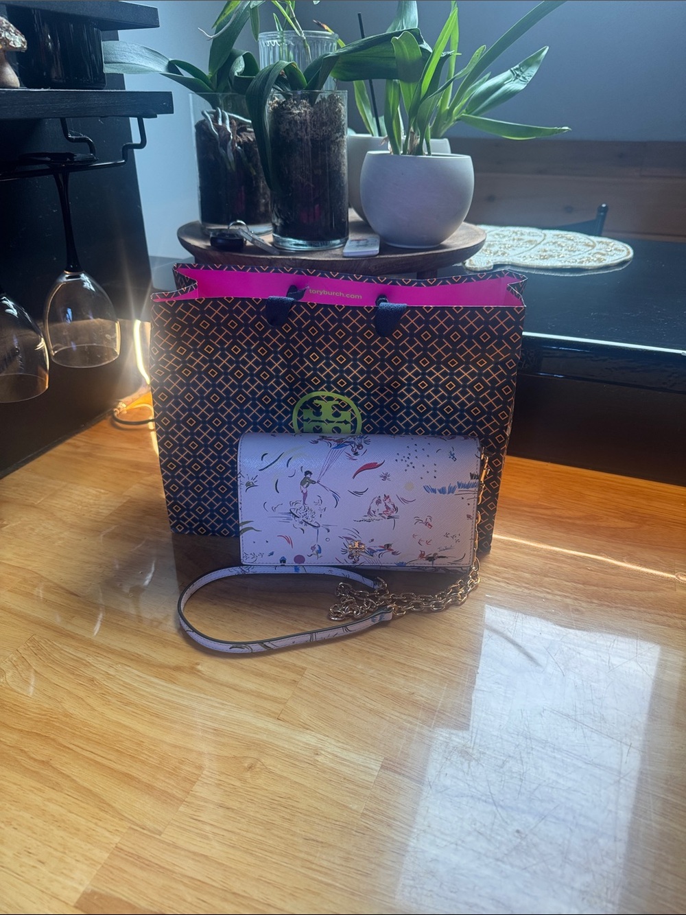 Tory Burch Pink Floral Mini Chain Wallet